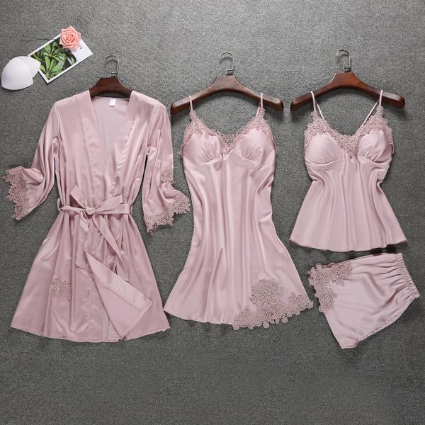 

satin sleepwear female with chest pads women pajamas lace slik sleep lounge 4 pieces sets elegant ladies indoor clothing, Black;red