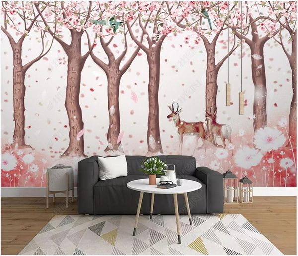 Papel de parede para celular Papel de parede para celular para paredes 3d fotopers papéis de parede Murais Mão Mão Pintados Floresta Cervos Pintura A óleo Fundo de TV Fotomural Sala de estar Decoração