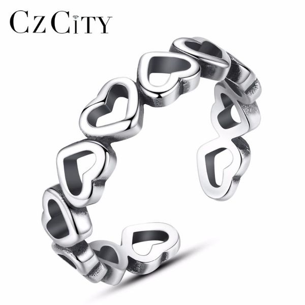 

cluster rings czcity genuine 925 sterling silver stackable ring love shape finger for women wedding anniversary jewelry anel, Golden;silver