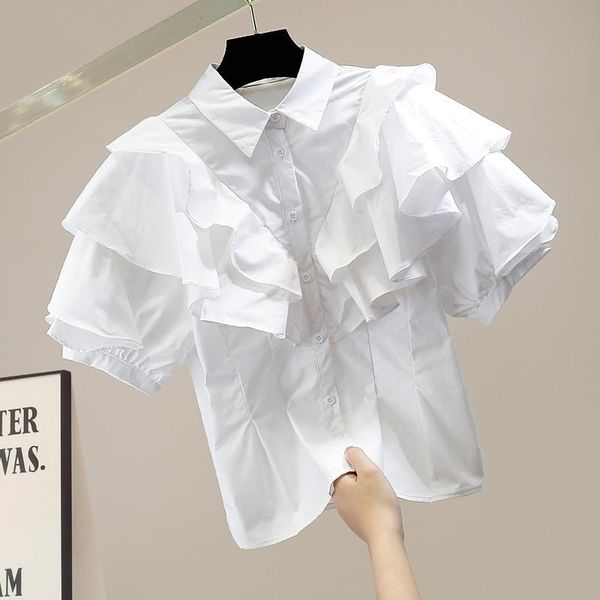 

women's blouses & shirts superaen fashion petal puff sleeves french ruffled short-sleeved solid summer pleated waist womens, White