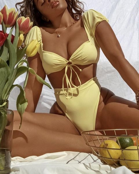 

womens tie front padded high waist bottom yellow bikini bathing suit two piece swimsuitby air