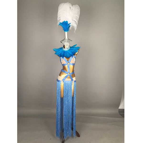 

sparkly blue feathers tassel rhinestones bikini dress outfit set nightclub female singer stage women's birthday party wear, Black;red