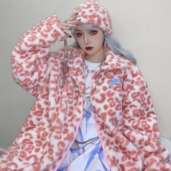 

women's fur & faux pink leopard print lamb cashmere coat 2021 autumn winter fashion style loose long-sleeved warm jacket trendy, Black