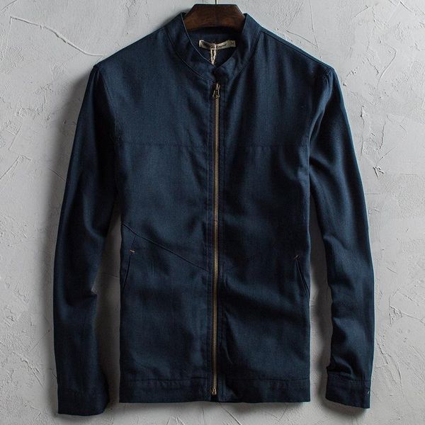 

stand collar men's slim fit linen cotton jacket white dark blue summer casual men zipper thin for jackets, Black;brown