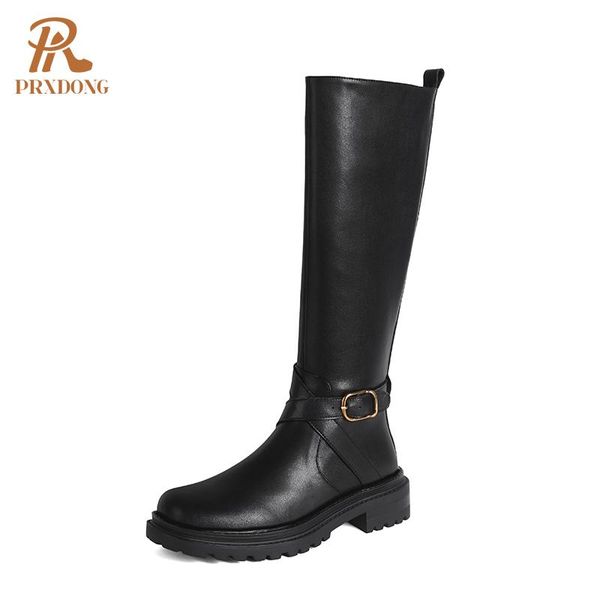 

boots 2021 genuine leather women knee high 5cm heel thick platform metal buckle zip ladies black fashion shoes 39