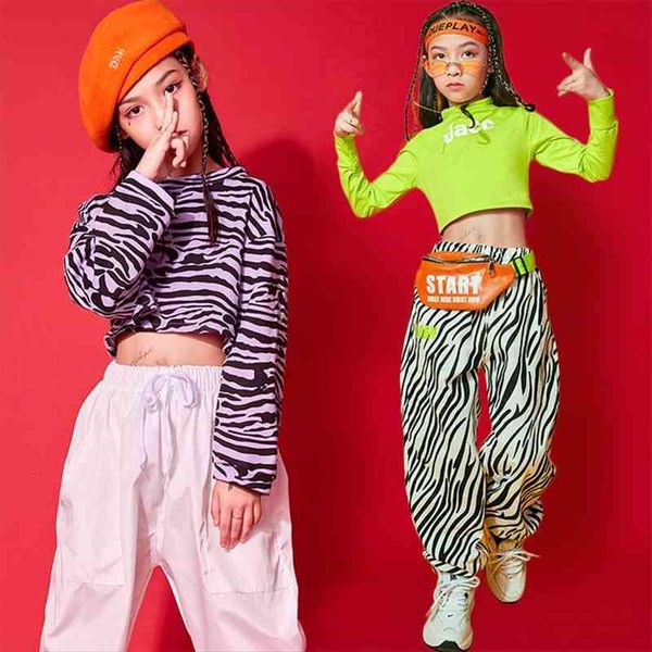 

hip hop girls crop 2 pcs set kids stripe sweatshirt jogger pants dance clothes child cool outfits teen stage, White