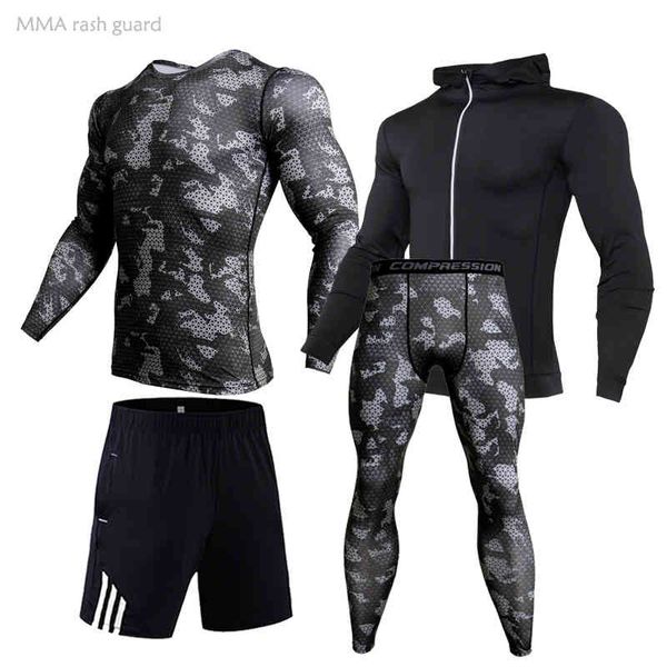 

men's dark gray camouflage tight sportswear, t-shirt set, 4 piec