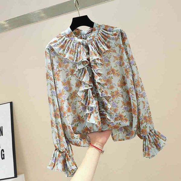

shirt flower shirts spring womens ruffled flare long sleeve women fashion up, White