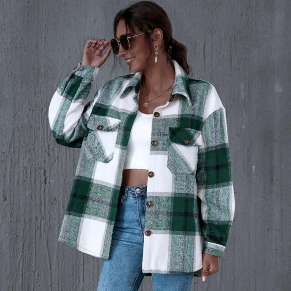 

women's jackets spring loose coats outerwear autumn casual plaid shirt women buttons pockets female coat streetwear ladies, Black;brown