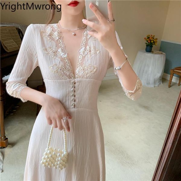 

casual dresses women cute lace v-neck button elegant midi long a-line dress high waist slim korean vintage fashion simple solid luxury, Black;gray