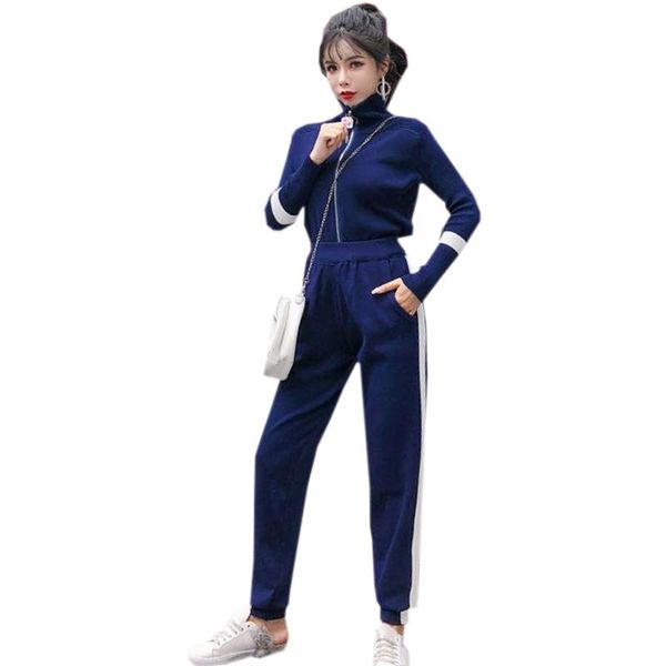 

women's two piece pants women sportswear 2021 winter fashion stitch color strip suits knit sweater + shiny trousers leisure two-piece, White