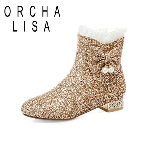 

sweet princess ankle boots bowtie pearl crystal sequined cloth round toe shiny zip 2.5cm short heel us12 pink a4213, Black