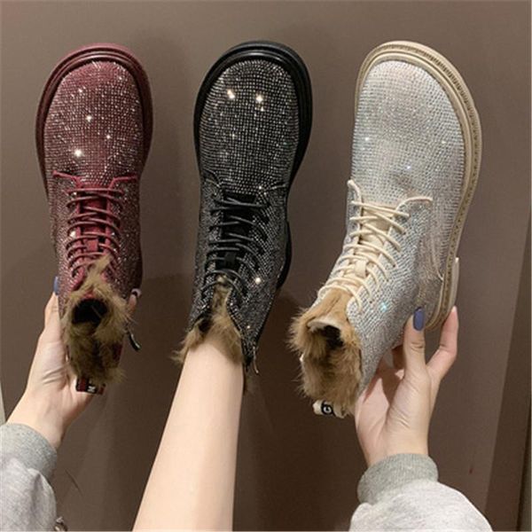 

boots winter fashion shoes woman leather bling rhinestone lace-up booties women round toe ankle botas mujer, Black