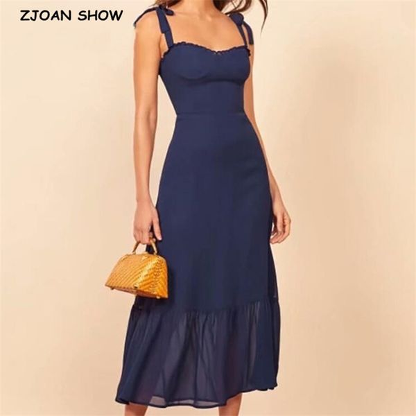 

summer french navy solid women dress bodycon tie bow strap sleeveless beach party vintage female 210429, Black;gray