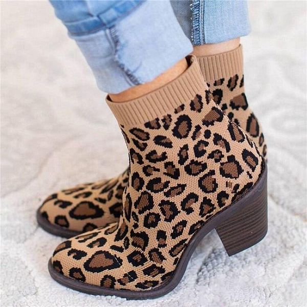 

boots nausk autumn winter ankle women plus size leopard knitting shoes med chunky heels slip on sock, Black