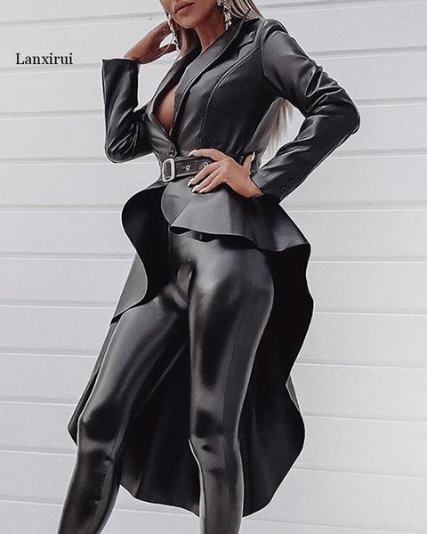 

women's jackets lanxirui autumn asymmetrical leather outwears black club fashion full sleeve high waist slim women x-long, Black;brown
