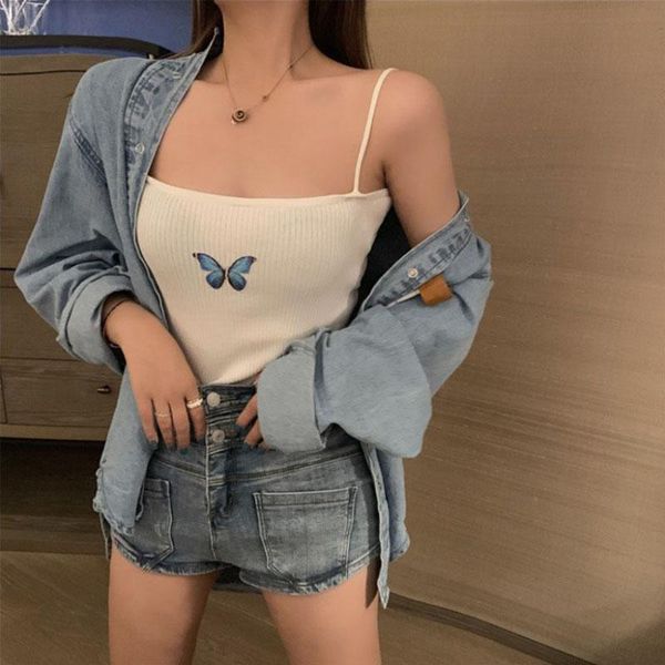 

women's tanks & camis summer women tank sleeveless knitted butterfly printed white black crop female halter