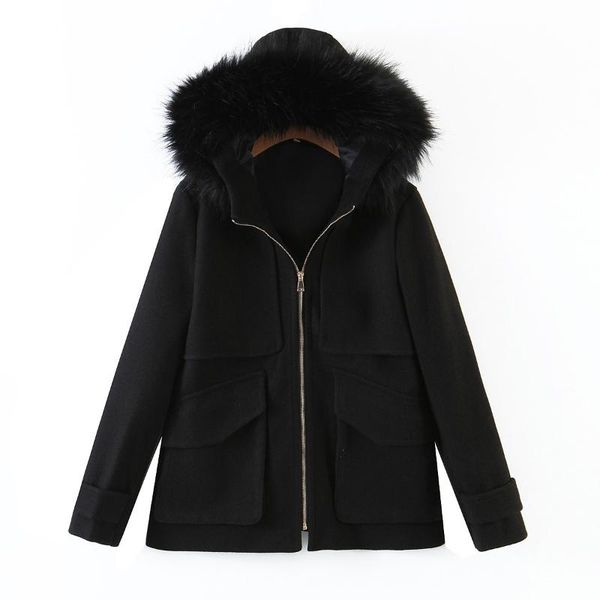 

women's jackets spring and winter fur collar hooded loose large pockets coat jacket, Black;brown