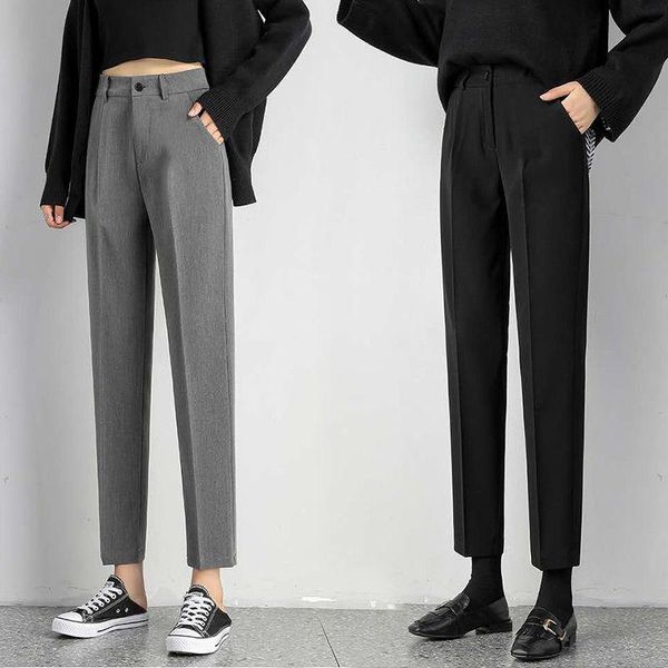 

women's pants & capris black grey 2021 spring casual women loose straight leg high waist profession nine-point y487, Black;white