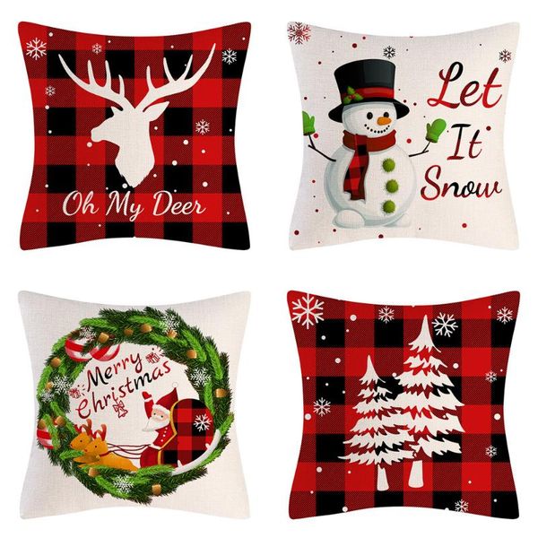 

cushion/decorative pillow black and red plaid christmas cushion cover snowman wreath design linen hugging pillowcase home decor