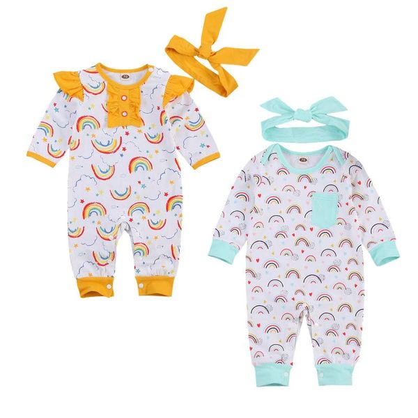 

toddler baby girls boys rainbow romper long sleeve outfitscute cartoon printed playsuits + headband sets, Blue