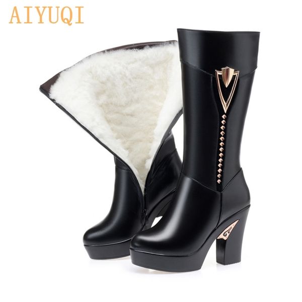 

aiyuqi women long shoes platform high heel winter boots women cow leather thick wool fashion footwear with thick heel 211103, Black
