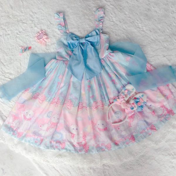 

casual dresses dreamcatcher cat summer sweet women's jsk dress suspender sleeveless big hem bow trim one piece fairy kei kawaii, Black;gray