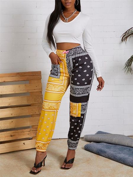

paisley bandana print color patchwork pants autumn women casual fashion loose ankle length trousers activewear sport cargo women's & ca, Black;white