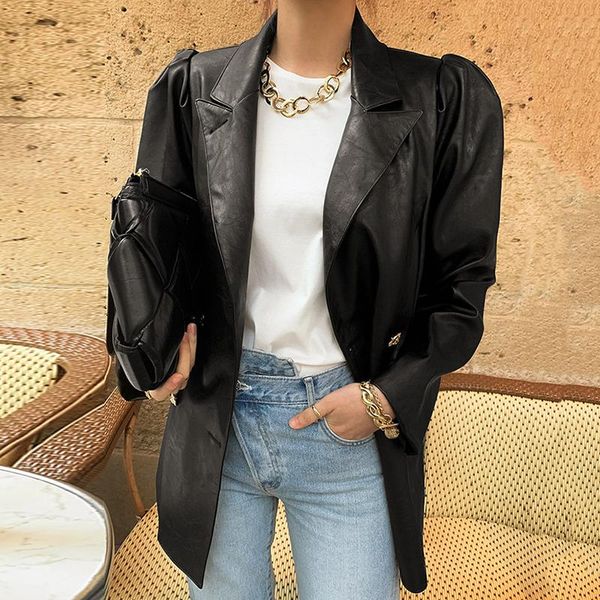 

women's jackets [ewq] autumn winter female turn-down collar long-sleeved double breasted suit loose minimalist pu leather coat 8q403, Black;brown