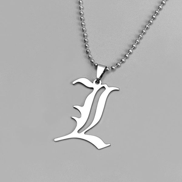 

pendant necklaces death note l lawliet necklace stainless steel old english letter beads chain cosplay jewelry accessories 1pc, Silver