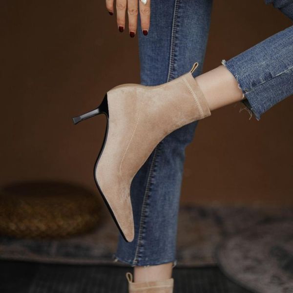 

boots 2021 fall shoes women solid flock ankle pointed toe thin heel fahion botas de invierno para mujer, Black