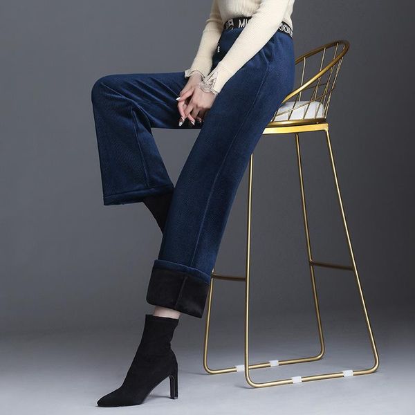 

#2009 black blue warm straight velour pants women plus size 4xl casual thick female high waisted trousers winter women's & capris, Black;white