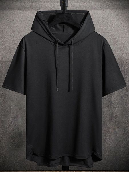 

men drawstring hooded high low hem tee 133i#, White;black