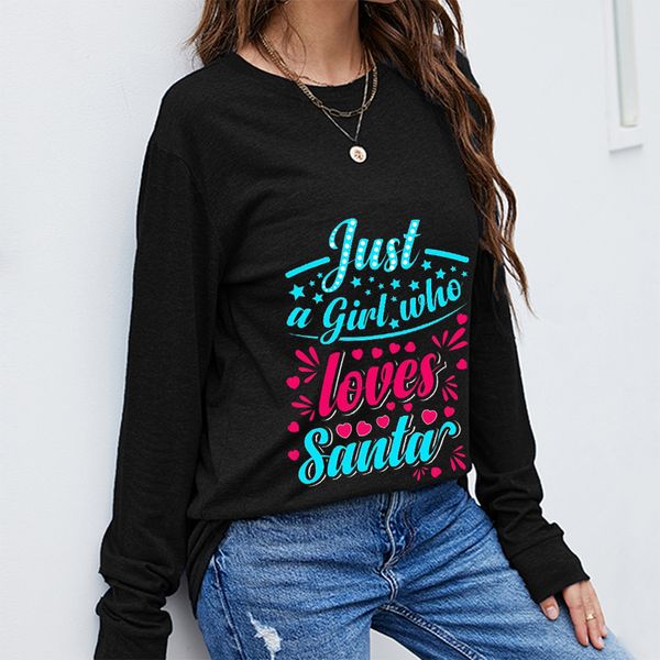 

autumn winter women t-shirt casual sport loose street wear christmas pattern english letters printing tees long sleeve round collar pullove, White