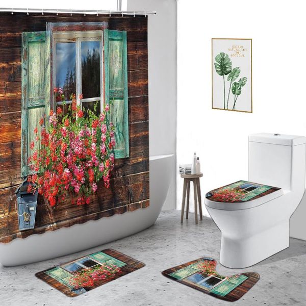 

shower curtains retro window landscape plant potted flower town street view bathroom set non-slip carpet bath curtain with hook