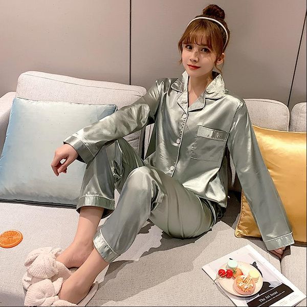 

satin pj set pink women sleepwear loungewear two piece silk pajamas long sleeve button down homewear korean style nightwear, Black;red