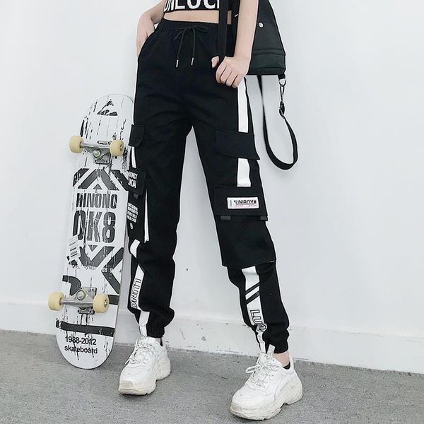 

men's pants women elastic waist loose streetwear cargo female fashion ankle-length jogging trousers ladies plus szie casual ws72, Black