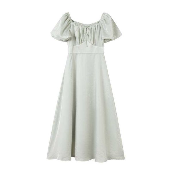 

perhaps u green slash neck short sleeve midi dress summer elegant a-line solid puff sleeve d1852 210529, Black;gray