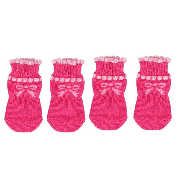 

dog apparel pet puppy bowknot cotton socks anti-slip protectors 4pcs/set m pink