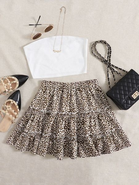 

solid bandeau & frill trim allover print skirt set o70t#, White
