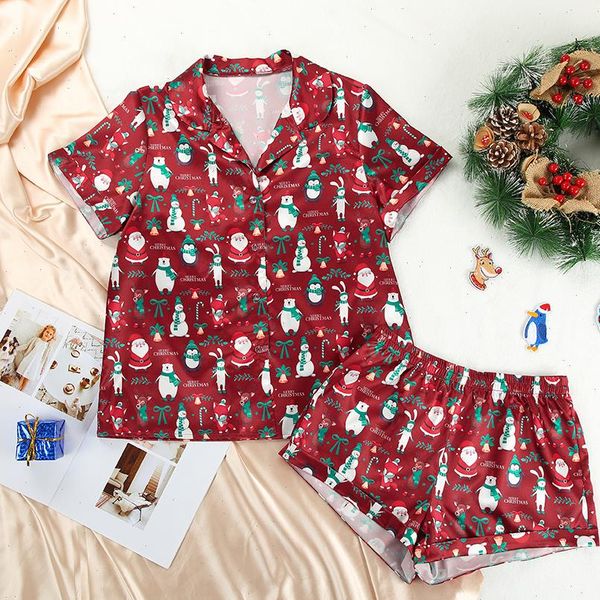 

print christmas pyjamas two piece women sleepwear set and shorts short sleeve satin pajamas fashion pattern home suit sets, Black;red