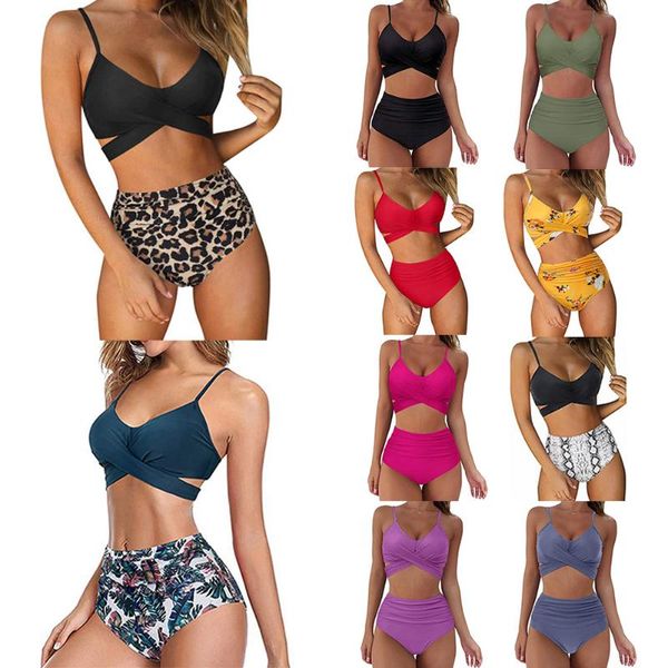 

fashion women ladies leopard print swimwear cross high waist two-piece bikini swimsuit beach swimming pool surf one-piece suits
