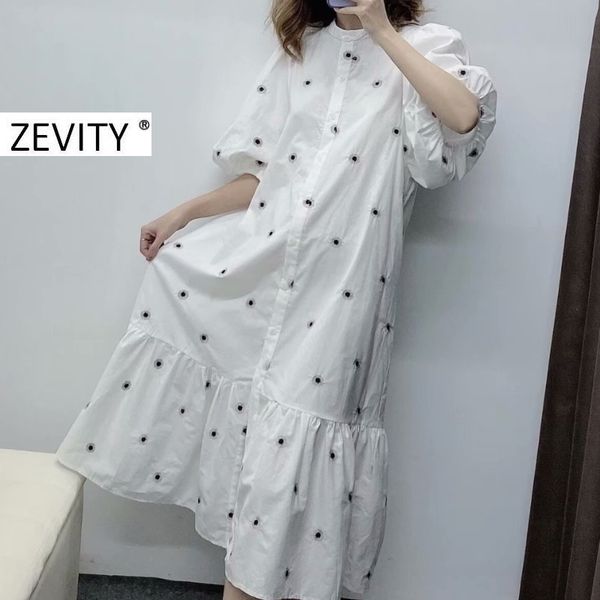 

2021zevity new women vintage o neck flower embroidery shirt dress chic lady hem pleats ruffles vestidos straight midi dresses ds4171, Black;gray