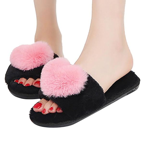 

slippers women love heart cotton winter non-slip floor home furry shoes for bedroom#2, Black