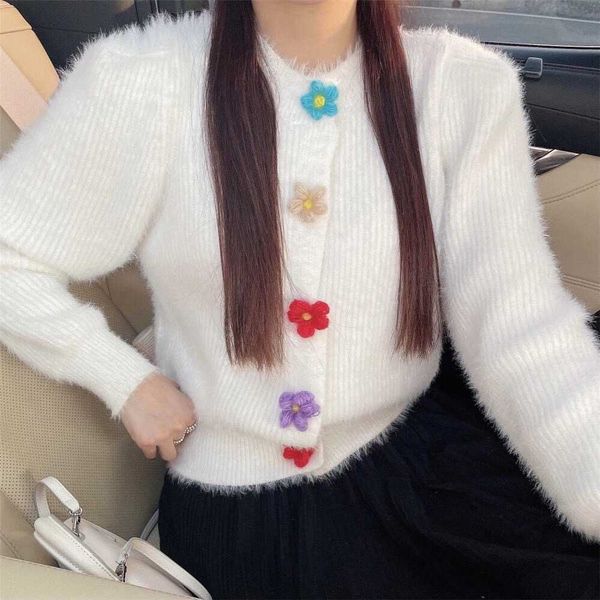 

women's sweaters women knit cardigan red spring autumn korean style kawaii 3d flower button up imitated mink cashmere ffy coat, White;black