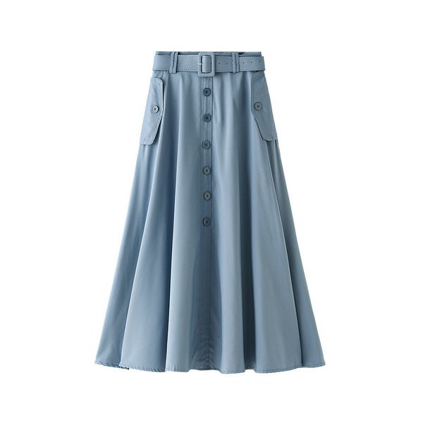 

Skirts skirts Spring Summer Temperament Single-breasted Buttons A-line with Belt Candy Pockets Flared Pleated Maxi Long S C6AP, Black