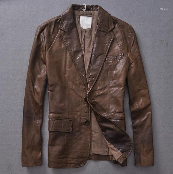 

men's leather & faux italy genuine sheepskin slim fit suit men coat male business style black brown autumn jacket