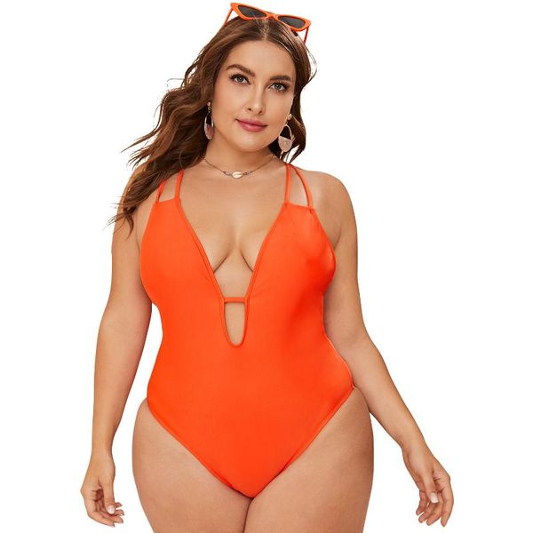 Roupas de banho feminina 2021 maiô de verão xl 2xl 3xl 4xl copo grande tamanho grande uma peça feminina de colarinho em v traslado de fundo profundo