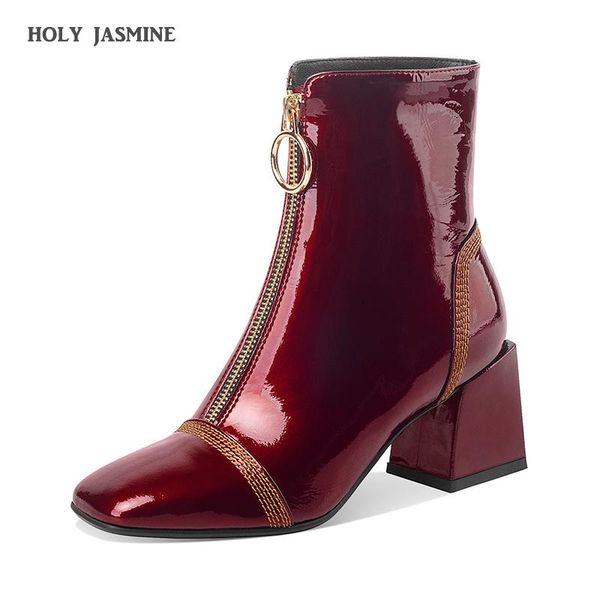 

boots genuine leather women's shoes 2021 winter autumn office claret/black front zipper ankle square toe 7cm high heels booties