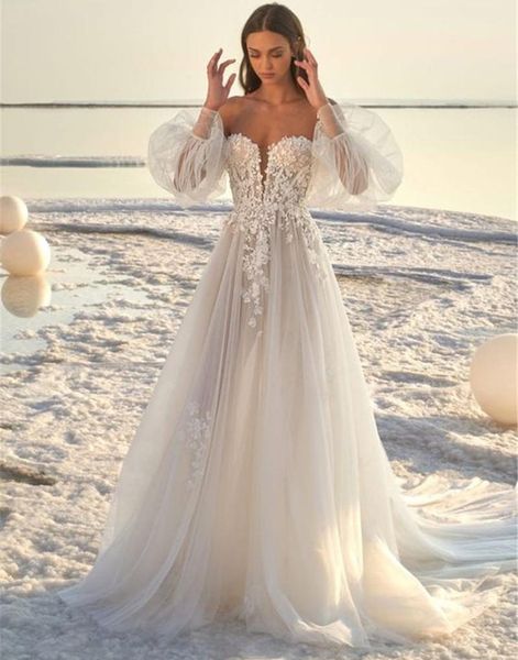 

sweetheart neck long sleeves lace beach wedding dresses appliques sweep train boho a line bridal gowns plus size, White